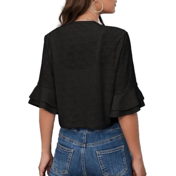 NWT Black 3/4 Ruffle Sleeve Cropped Open Bolero Cardigan - Picture 3 of 13